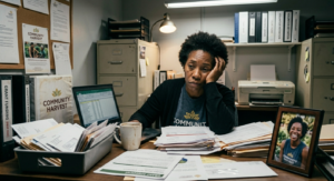 A woman looking distressed while working on her desk.