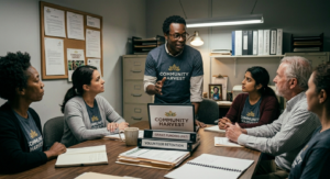 A nonprofit leader holding a meeting with his board members.