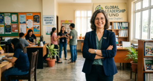 A nonprofit leader posing in their organization's headquarters.