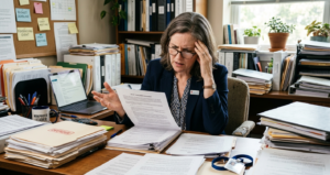 A middle-aged nonprofit leader reviewing paperwork and looking confused.