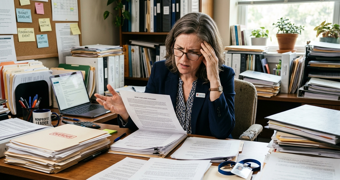 A middle-aged nonprofit leader reviewing paperwork and looking confused.