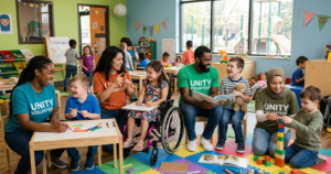 A group of volunteers working with disabled children.