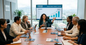 A nonprofit leader in a meeting with the board members.
