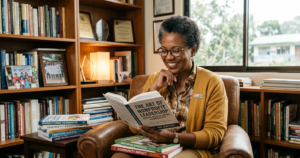A nonprofit leader reading nonprofit educational books.