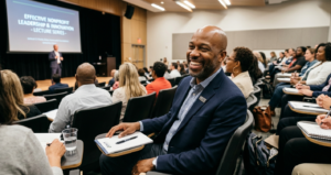 A male nonprofit leader attending a leadership lecture.