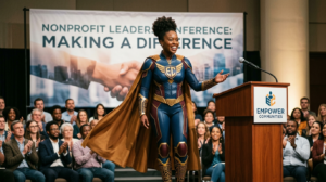 A nonprofit leader in a superhero outfit.