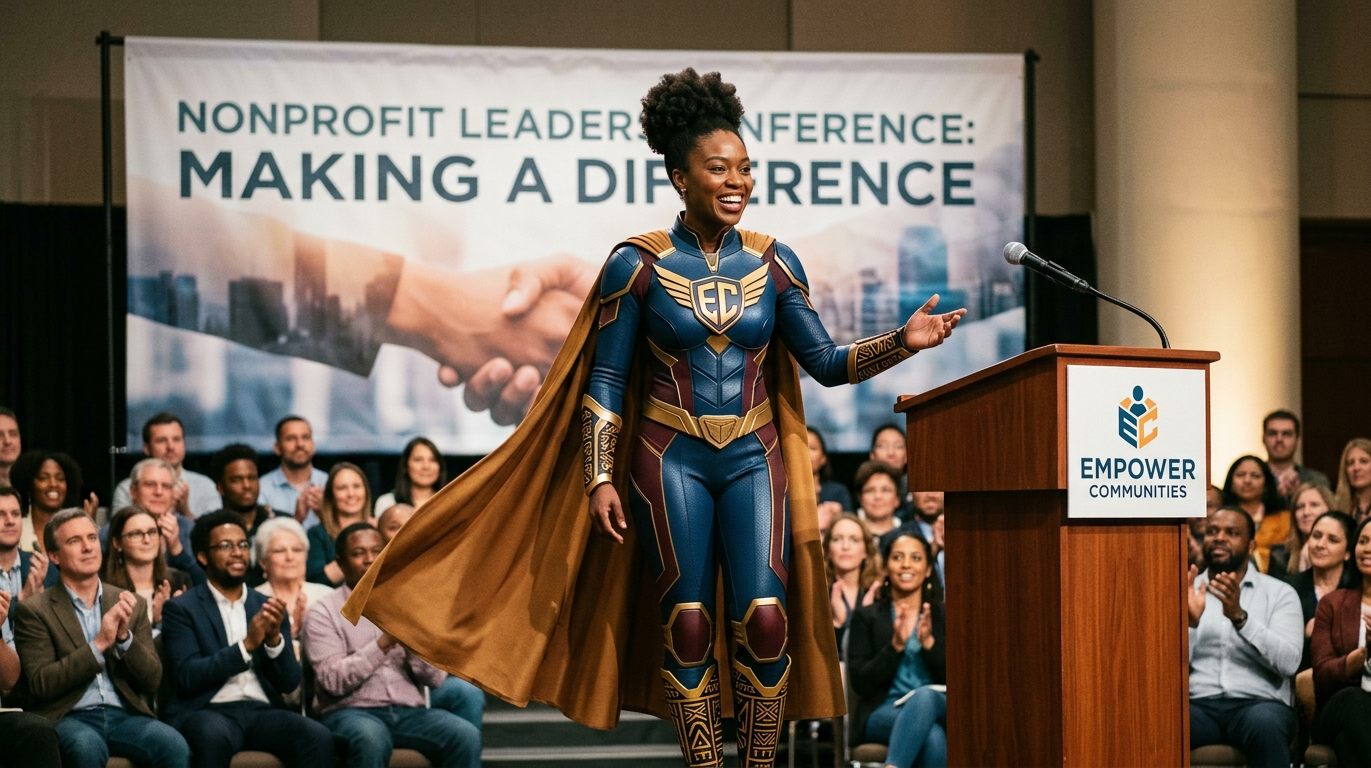 A nonprofit leader in a superhero outfit.