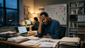 A male nonprofit leader looking distressed in his organization's office.