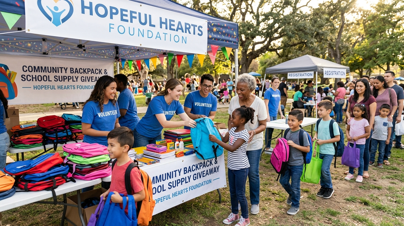 A nonprofit organization giving out backpacks to children.