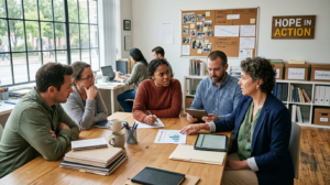 A nonprofit leader and board members having a meeting.