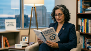 A female nonprofit leader reading a book on fundraising strategies.
