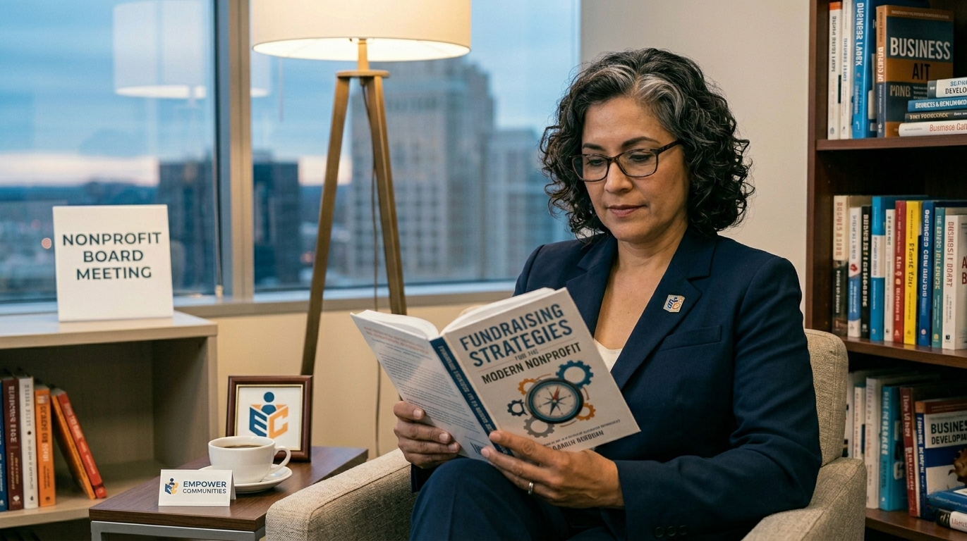 A female nonprofit leader reading a book on fundraising strategies.