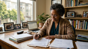 A nonprofit leader going through organization paperwork.