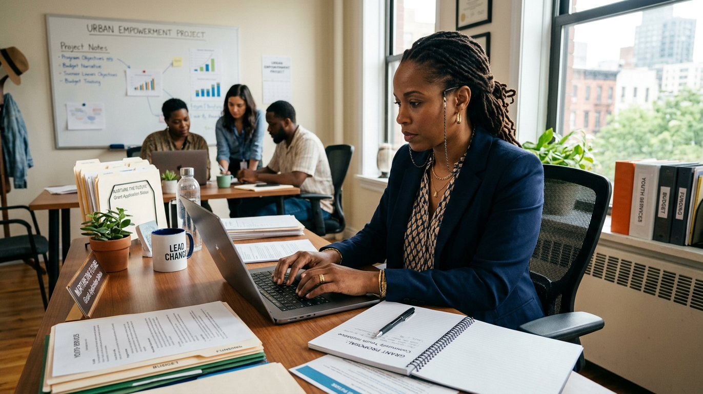 A nonprofit leader preparing a grant writing proposal.