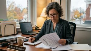 A grant evaluator reading a nonprofit grant proposal.